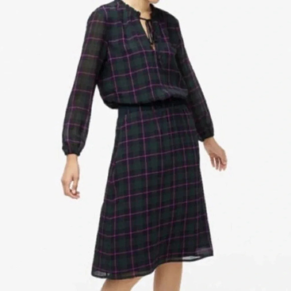 J. Crew Factory | Green & Pink Tartan Plaid Long Sleeve Dress w/Tie Neck - Picture 1 of 11